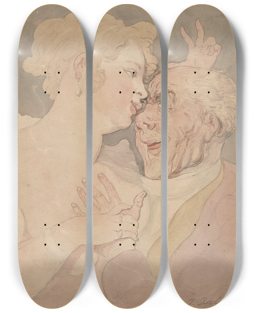 Triptych art skateboard deck of Thomas Rowlandson Spring Is In The Air by Thomas Rowlandson (1756-1827)