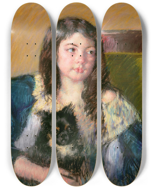 Triptych art skateboard deck of Mary Cassatt Franoise Holding A Little Dog Looking Far To The Right by Mary Cassatt (1844-1926)
