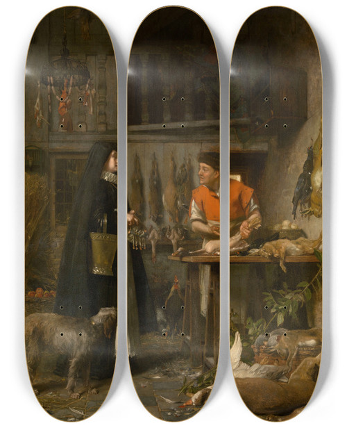Triptych art skateboard deck of Florent Willems Market Scene In The 17Th Century by Florent Willems (1823-1905)