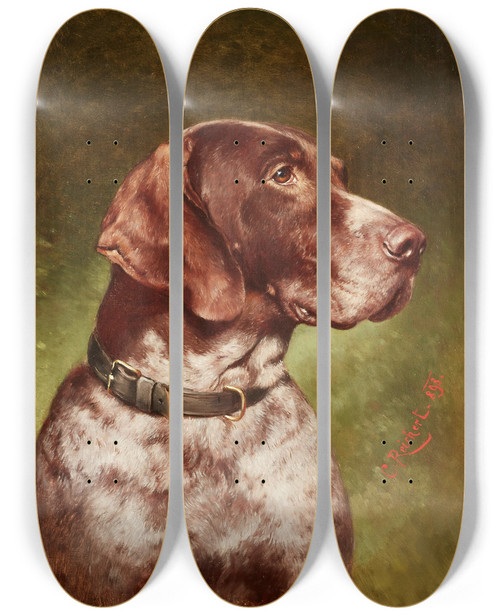 Triptych art skateboard deck of Carl Reichert Head Of A German Shorthaired Pointer by Carl Reichert (1836-1918)