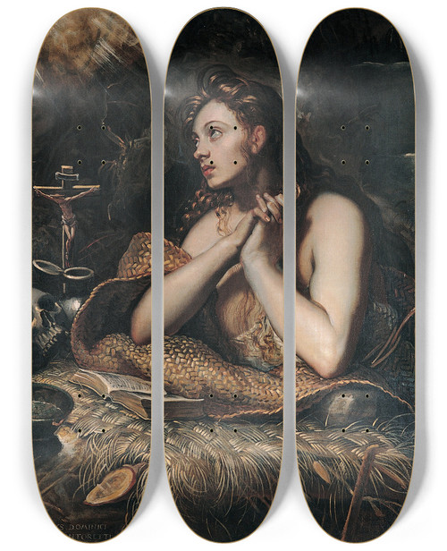 Triptych art skateboard deck of Jacopo Tintoretto Penitent Magdalene by Jacopo Tintoretto (1518-1594)