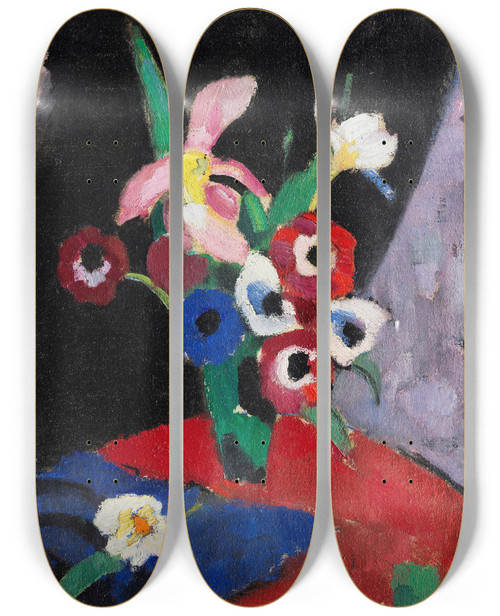 Triptych art skateboard deck of Hermann Stenner Blumenstilleben Auf Schwarzem Grund Ii by Hermann Stenner (1891-1914)