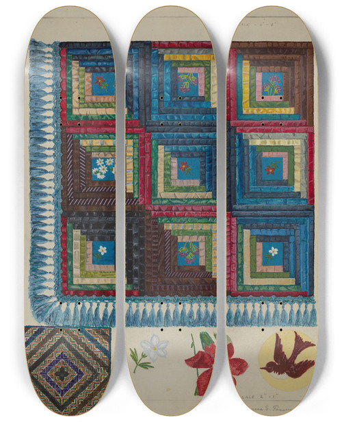 Triptych art skateboard deck of Magnus S Fossum Quilt Log Cabin Pattern by Magnus S Fossum