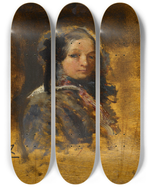 Triptych art skateboard deck of Flix Ziem Portrait De Jeune Fille by Felix Ziem (1821-1911)