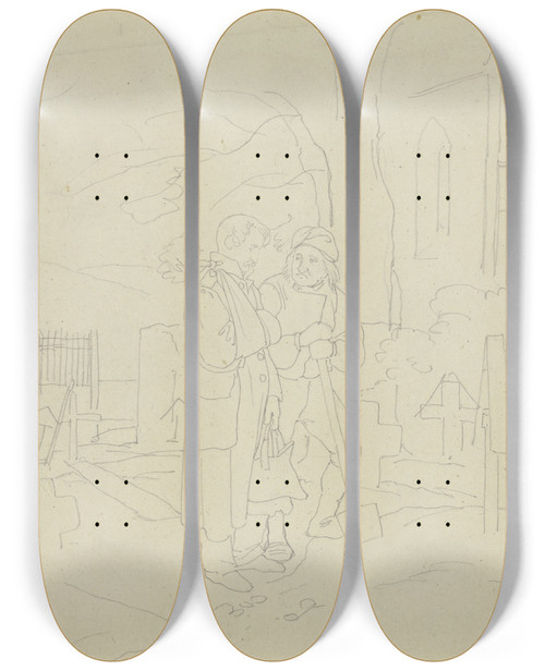 Triptych art skateboard deck of Jakob Becker Ein Soldat Mit Dem Arm In Einer Schlinge Auf Dem Friedhof Im Gesprch Mit Einem Totengrber 2 by Jakob Becker (1810-1872)