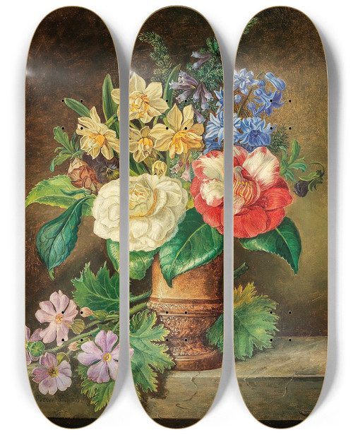 Triptych art skateboard deck of Franz Xaver Petter A Bouquet Of Flowers With Daffodils And Camelias by Franz Xaver Petter (1791-1866)