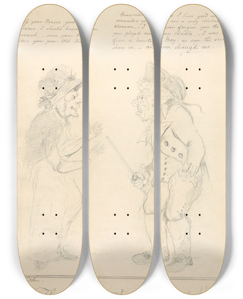 Triptych art skateboard deck of George Moutard Woodward The Irish Baronet And His Nurse by George Moutard Woodward (1765-1809)