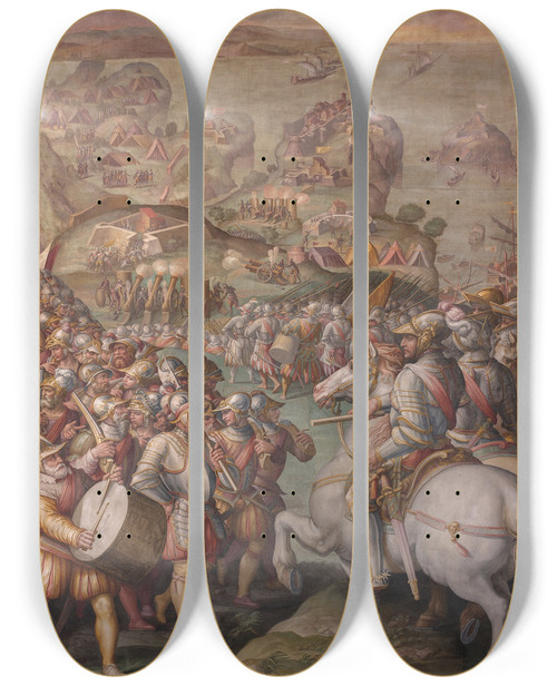 Triptych art skateboard deck of Giorgio Vasari Capture Of Porto Ercole by Giorgio Vasari (1511-1574)