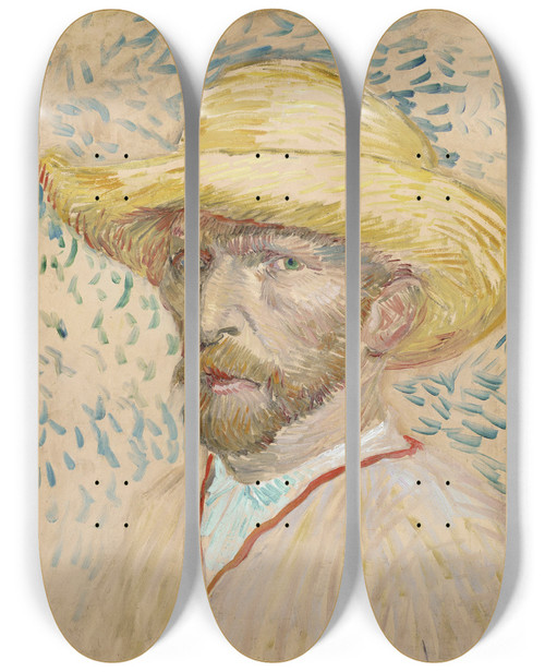 Triptych art skateboard deck of Vincent Van Gogh Selfportrait With Straw Hat by Vincent van Gogh (1853-1890)