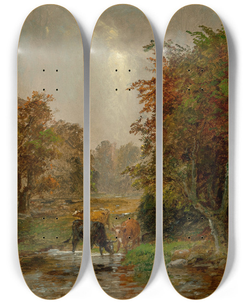 Triptych art skateboard deck of Jasper Francis Cropsey Cattle By A Stream by Jasper Francis Cropsey (1823-1900)