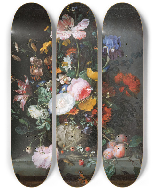 Triptych art skateboard deck of Jacob Van Walscapelle Still Life With Bouquet Of Flowers by Jacob van Walscapelle (1644-1727)