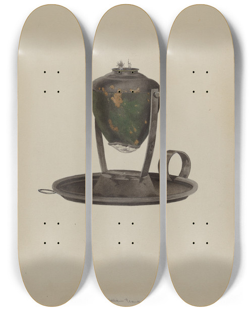 Triptych art skateboard deck of William Frank Whaler Lamp by William Frank
