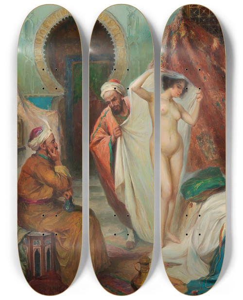 Triptych art skateboard deck of Rudolf Jelinek Harem Scene by Rudolf Jelinek (1880-1944)