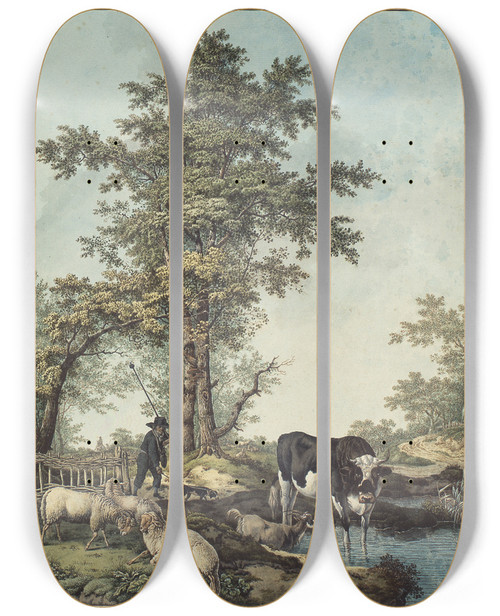 Triptych art skateboard deck of David Humbert De Superville Drie Op Rij Zittende En Twee Staande Figuren In Vertrek by David Humbert De Superville (1770-1849)