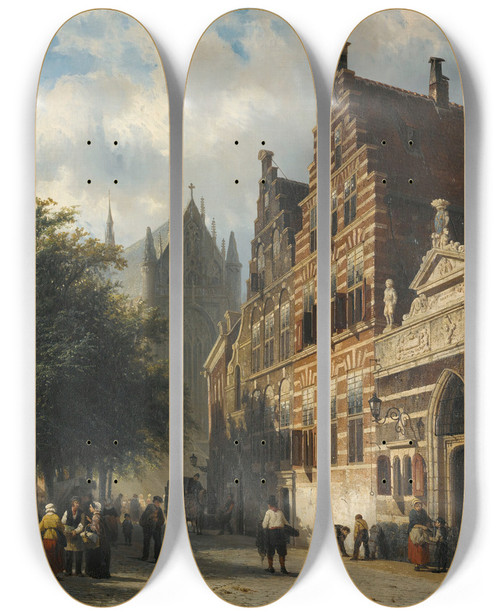 Triptych art skateboard deck of Cornelis Springer The Kerkgracht In Leiden by Cornelis Springer (1817-1891)