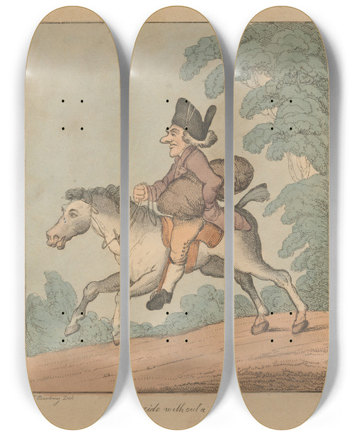 Triptych art skateboard deck of Henry William Bunbury How To Ride Without A Bridle_2 by Henry William Bunbury (1750-1811)