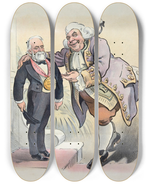 Triptych art skateboard deck of Udo Keppler Father Knickerbocker Shows His Appreciation Of His Best Allaround Citizen by Udo Keppler (1872-1956)