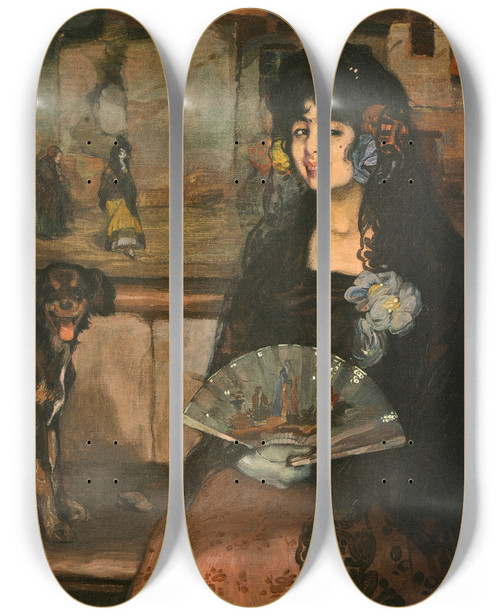 Triptych art skateboard deck of Ignacio Zuloaga Gitana Con Guantes Con Perro by Ignacio Zuloaga (1870-1945)