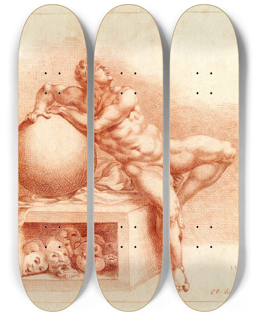 Triptych art skateboard deck of Cornelis Pronk Tekening Van Zittende Man Met Bol En Maskers De Droom by Cornelis Pronk (1691-1759)
