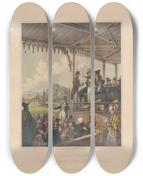 Triptych art skateboard deck of George Dawe The Betting Booth by George Dawe (1781-1829)