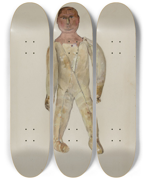 Triptych art skateboard deck of Jane Iverson Leather Bodied Doll by Jane Iverson