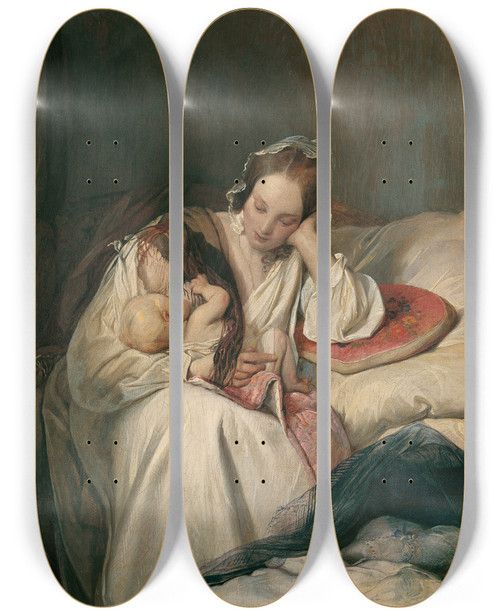 Triptych art skateboard deck of Josef Danhauser Mutterliebe Die Gattin Des Knstlers Mit Kind by Josef Danhauser (1805-1845)