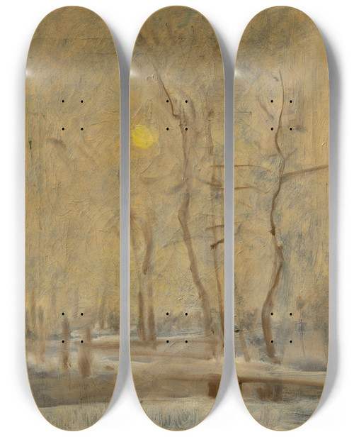 Triptych art skateboard deck of Ladislav Mednynszky Winter Sun In A Landscape With A Brook Motif From Strky by Ladislav Mednyanszky (1852-1919)