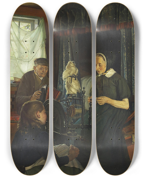Triptych art skateboard deck of Gustav Vermehren Interir Fra Hedeboegnen by Gustav Vermehren (1863-1931)