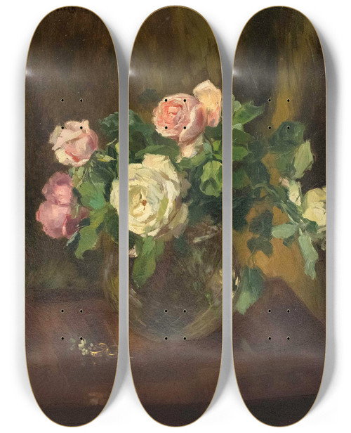 Triptych art skateboard deck of Josef Jungwirth Stillleben Mit Rosen In Glasvase Und Zwei Eheringen by Josef Jungwirth (1869-1950)
