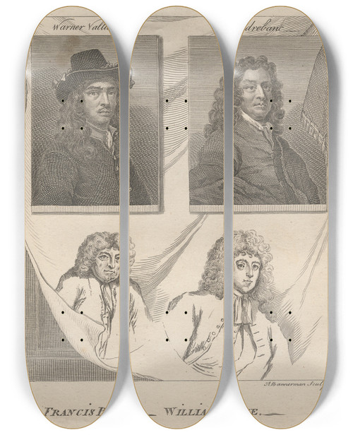 Triptych art skateboard deck of Alexander Bannerman Warner Vailliant Vandrebanc Francis Place William Lodge by Alexander Bannerman (1730-1780)