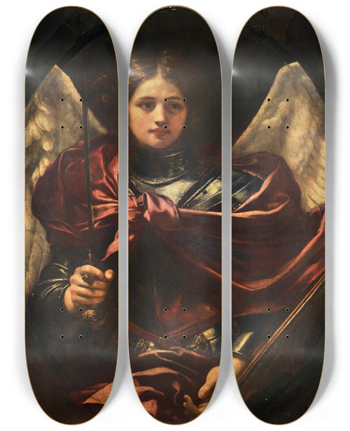 Triptych art skateboard deck of Baldassare Franceschini The Archangel Michael by Baldassare Franceschini (1611-1690)