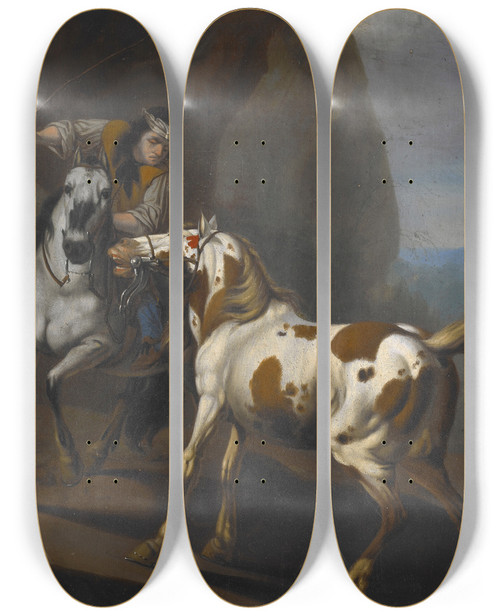 Triptych art skateboard deck of Johann Heinrich Roos Indian Taming A Horse by Johann Heinrich Roos (1631-1685)