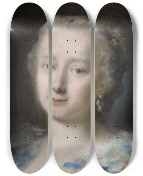 Triptych art skateboard deck of Rosalba Carriera Young Woman With Flowers In Her Hair by Rosalba Carriera (1675-1757)