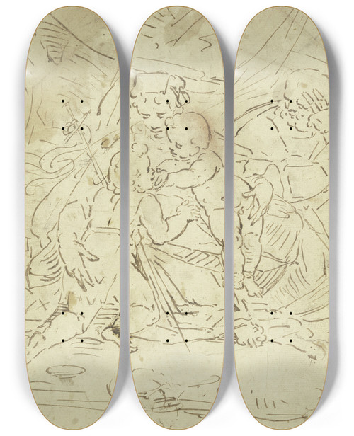 Triptych art skateboard deck of Luca Cambiaso Die Heilige Familie Mit Dem Johannesknaben_2 by Luca Cambiaso (1527-1585)