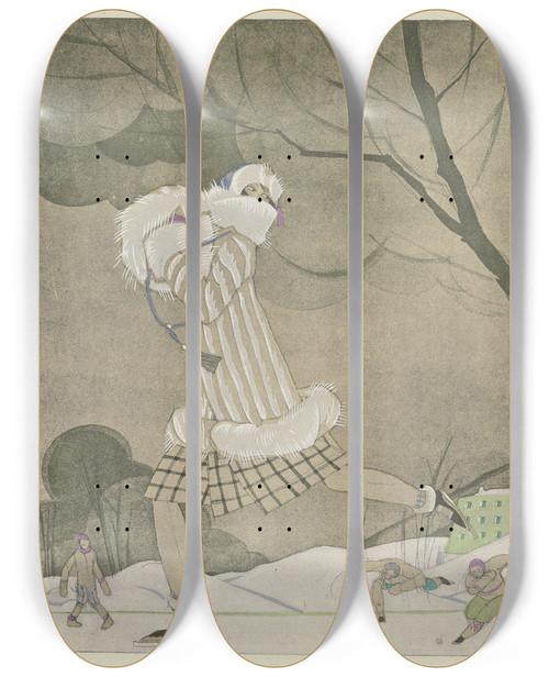 Triptych art skateboard deck of Charles Martin La Belle De Chamonix Jaquette Hermine Et Renard Blanc De Maxa Leroy by Charles Martin (1884-1934)