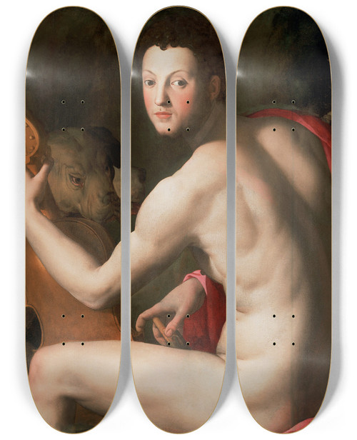 Triptych art skateboard deck of Agnolo Bronzino Portrait Of Cosimo I De Medici As Orpheus by Agnolo Bronzino (1503-1572)