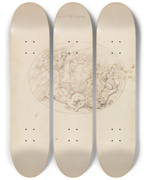 Triptych art skateboard deck of Robert Smirke First Design Of A Battle Scene by Robert Smirke (1752-1845)