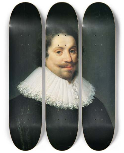 Triptych art skateboard deck of Jan Van Ravesteyn Portrait Of A Man With A Ruff by Jan van Ravesteyn