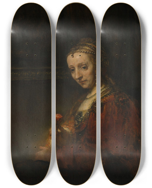 Triptych art skateboard deck of Rembrandt Van Rijn Woman With A Pink by Rembrandt Van Rijn (1606-1669)