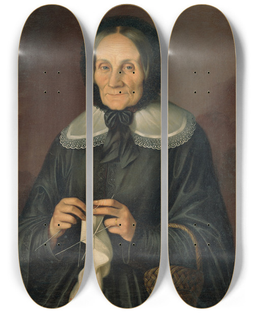 Triptych art skateboard deck of Peter Michal Boh Portrait Of Mrs Kubnov Knitting by Peter Michal Bohun (1822-1879)
