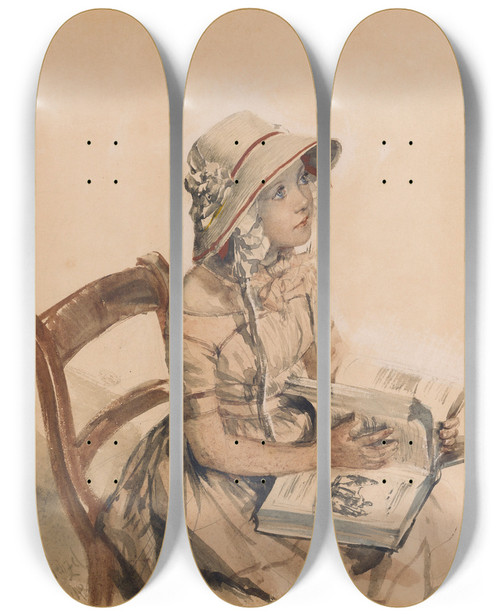 Triptych art skateboard deck of Adolph Von Menzel Frulein Maercker by Adolph Von Menzel (1815-1905)