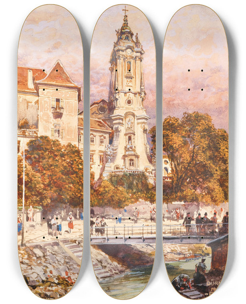 Triptych art skateboard deck of Friedrich Frank A View Of Drnstein Monastery The Shipping Pier In The Foreground by Friedrich Frank (1871-1945)