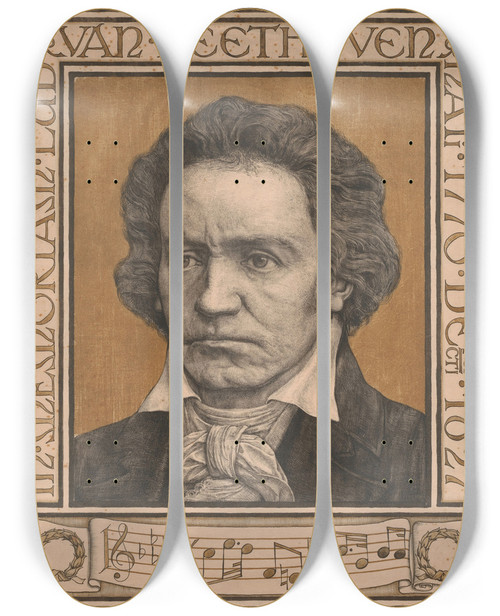 Triptych art skateboard deck of Antoon Derkinderen Portrait Of Ludwig Van Beethoven by Antoon Derkinderen (1859-1925)