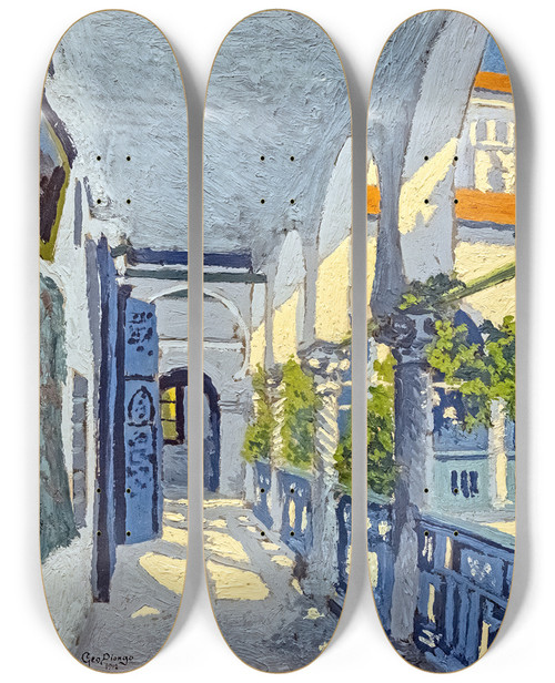 Triptych art skateboard deck of Georges Gaudion Gallery Of A Moroccan Riad by Georges Gaudion (1885-1942)