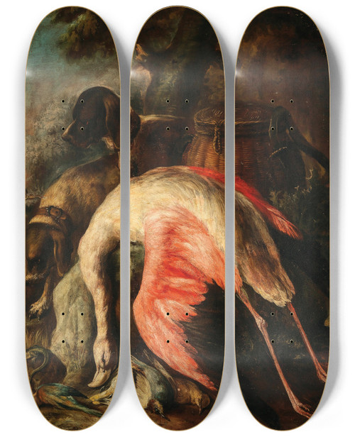 Triptych art skateboard deck of Baldassarre De Caro Hunting Dogs With A Flamingo And Other Game In A Landscape by Baldassarre De Caro (1689-1750)