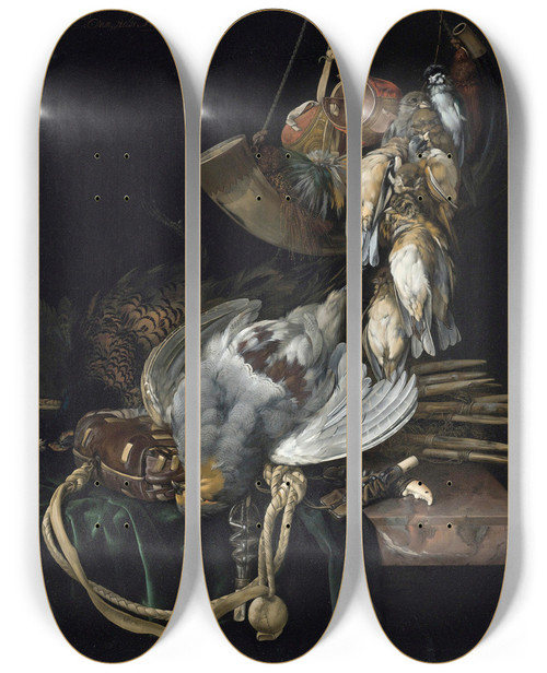 Triptych art skateboard deck of Willem Van Aelst A Partridge A Pheasant A Hunting Bag And Traps On A Partially Draped Ledge Songbirds A Hunting Horn And Hawking Hoods Hanging Above by Willem van Aelst (1627-1683)