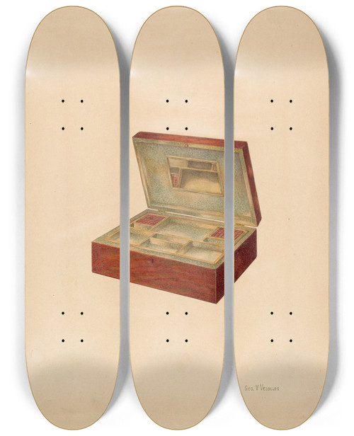 Triptych art skateboard deck of George V Vezolles Jewelry Or Sewing Box by George V Vezolles