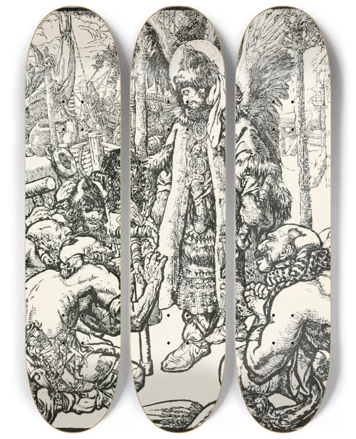 Triptych art skateboard deck of Noel Nisbet The Tsar Went About Inquiring Of His People If Any Were Wronged by Noel Nisbet (1887-1956)