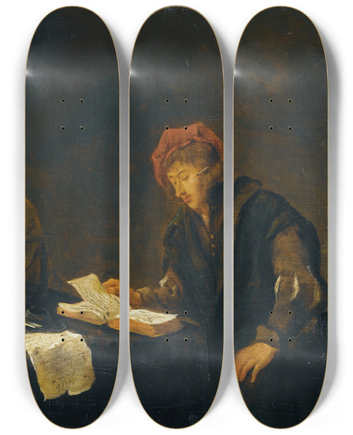 Triptych art skateboard deck of Jan Steen A Youth Reading by Jan Steen (1626-1679)