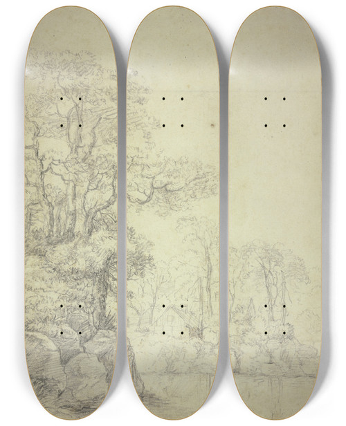 Triptych art skateboard deck of Antonie Waterloo Unter Hohen Bumen Mehrere Htten Am Wasser Mit Felsigem Ufer by Antonie Waterloo (1609-1690)